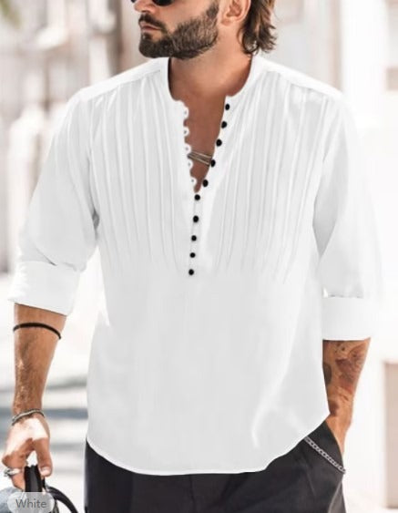 Cotton and Linen Mens Casual Button Round Neck Solid Standing Collar Shirt
