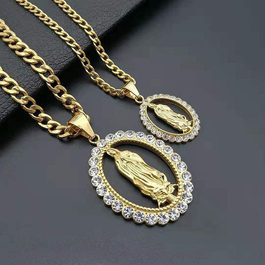 Stainless steel gold-plated diamond studded Virgin Mary pendant