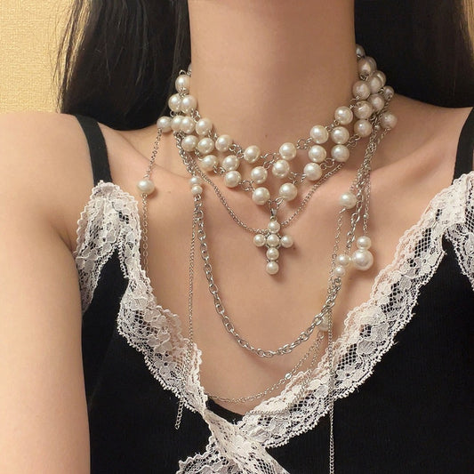 Pearl cross stacked tassel necklace for women, light luxury and elegant clavicle chain