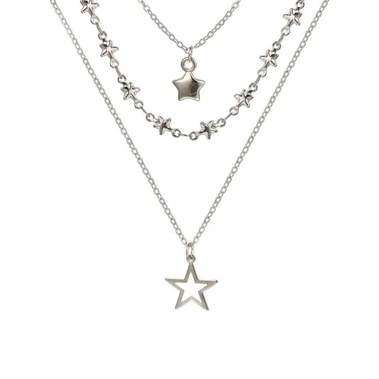 New Cool Style Hollow out Five Point Star Pendant with Three Layer Layered Necklace for Women's Personalized Light Luxury Necklace